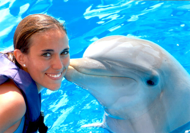 dívka s delfínem v bazénu